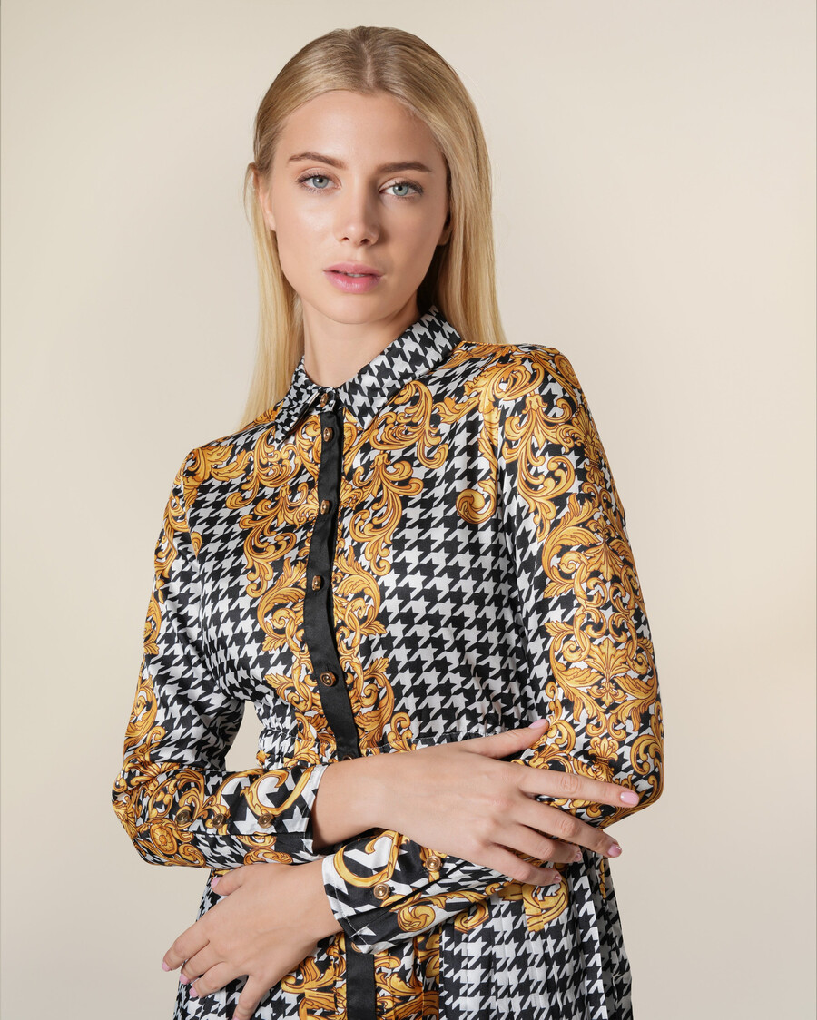 abito camicia plissettato con stampa barocca geometrica