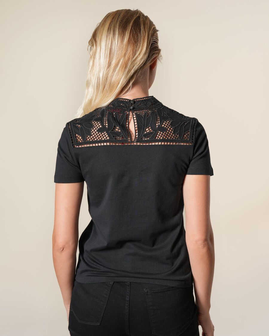 t-shirt a collo alto in cotone con ricamo sangallo